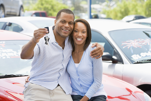 Couple picking up new car from lot